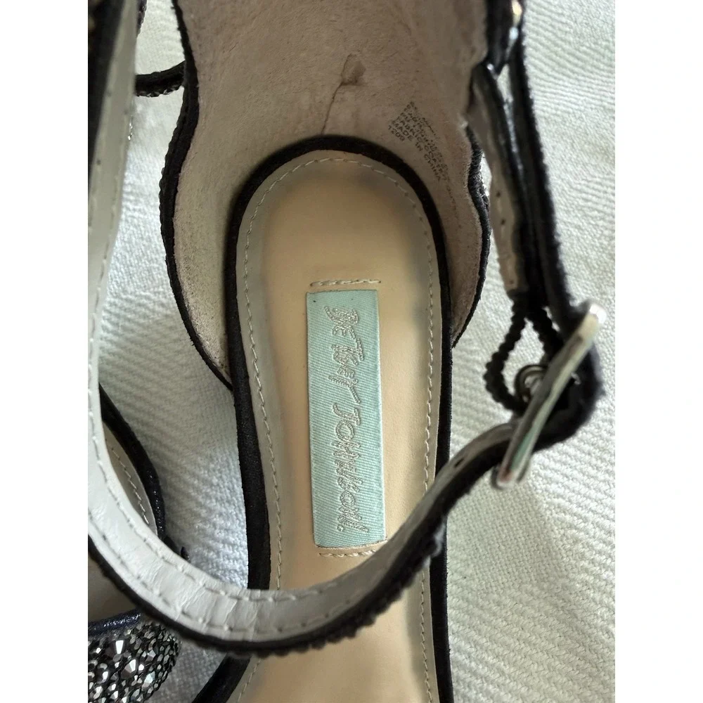 Betsey Johnson Mari Black Heel Sz 6.5 Ankle Strap Sandal Rhinestone Glam